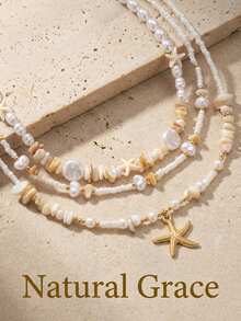 3 pezzi Set di collane stile bohémien con pendente a forma di stella marina, perline e perle, gioielli eleganti e versatili adatti per spiaggia, viaggio, uso quotidiano, appuntamenti, feste, regali per vacanze - Multicolore - Visualizzare 2