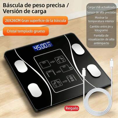 High-precision PC scale, adult smart scale, bathroom scale, digital bathroom weight scale, multi-functional smart body fat scale - Bathroom scale with high-precision LCD screen, unit conversion (kg/lb/st), USB charging version - Black and white color scheme, compact design, suitable for home use, equipped with tempered glass wide platform, fine and large numbers - Equipped with an easy-to-read LCD display, temperature and weight measurement, with a load capacity of up to 180 kilograms/396 pounds. Heavy-duty scale, elegant design suitable for modern bathrooms, rechargeable electronic scale, Accurate & Bluetooth body scale, adult body fat scale, weight loss and health, Bluetooth rechargeable smart body fat scale, household electronic scale, health weight scale, summer bathroom decoration(Negro)