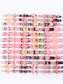 240pcs (10 Mixed Designs) Y2K Long Almond-Shaped Pastel Nail Stickers, Star, Heart, Stripe, Leopard, Silver Glitter Patterns, French Press-On Acrylic Fake Nails Set, Duck Mouth French Manicure For Summer, Suitable For Women And Girls DIY Daily, Festival, Party - Multicolor - View 5