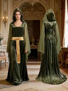 中世纪文艺复兴时期天鹅绒女巫长袍，绿色连帽系带拖尾连衣裙，哥特式天鹅绒女巫服装，连帽喇叭袖及地长裙，春季款 - 綠色 - 查看 6