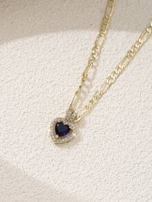 1件优雅心形铜质吊坠项链，爱情锁锁骨链，镶嵌立方氧化锆，夏季珠宝礼物，适合女孩和女士 - 寶藍色 - 查看 1
