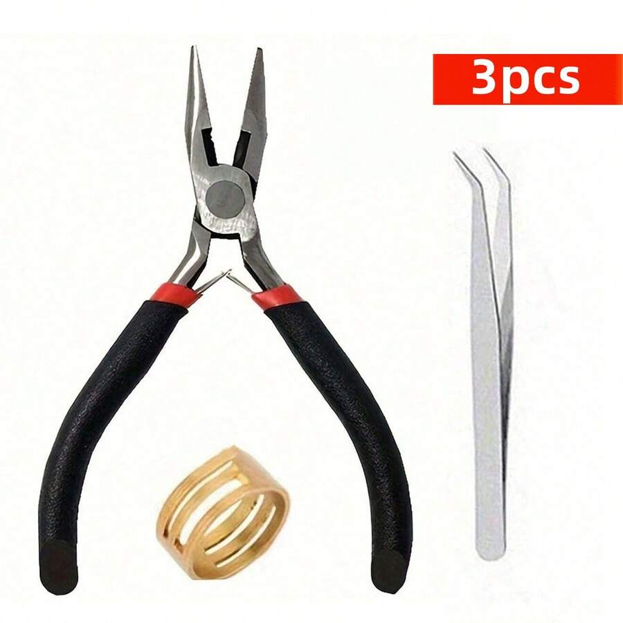 Bộ 3 món, gồm 1 kìm tự làm thủ công, 1 nhẫn vàng, 1 nhíp bạc, có thể dùng để làm và sửa chữa nhiều loại phụ kiện trang sức khác nhau. - màu đen - Xem 1