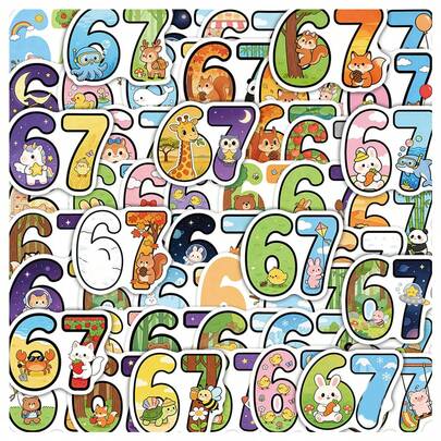 50pcs Cartoon Animal Number 67 Aesthetic Graffiti Stickers For DIY Planner, Skateboard, Guitar, Water Bottle, Self-Adhesive Holiday Decorative Stickers