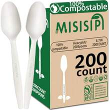 200Count 100% Compostable Spoons Biodegradable Spoon HeavyDuty No Plastic Spoons Eco-friendly HeavyWeight Disposable Spoon Tableware Set for LoungeParty BBQ Cafeteria Wedding Picnic - Blanco marfil - Ver 8