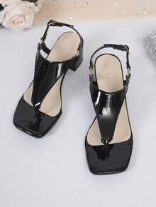Giày sandal quai chữ T tối giản bằng da bóng, giày cao gót hở mũi khoét lỗ đính ngọc trai dành cho nữ, giày đi biển mùa hè. - màu đen - Xem 10