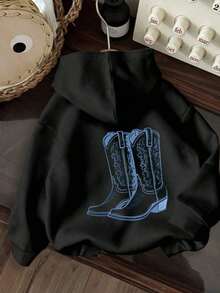 Women'S Western Cowboy Boot Graphic Hoodie - Casual Drawstring Hooded Sweatshirt, Long Sleeves, All-Season Comfort, White With Blue Floral Design, Soft TextureWarm And Comfortable - màu đen - Xem 1