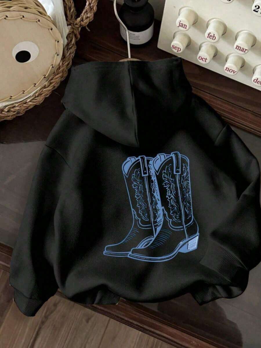 Women'S Western Cowboy Boot Graphic Hoodie - Casual Drawstring Hooded Sweatshirt, Long Sleeves, All-Season Comfort, White With Blue Floral Design, Soft TextureWarm And Comfortable - màu đen - Xem 1