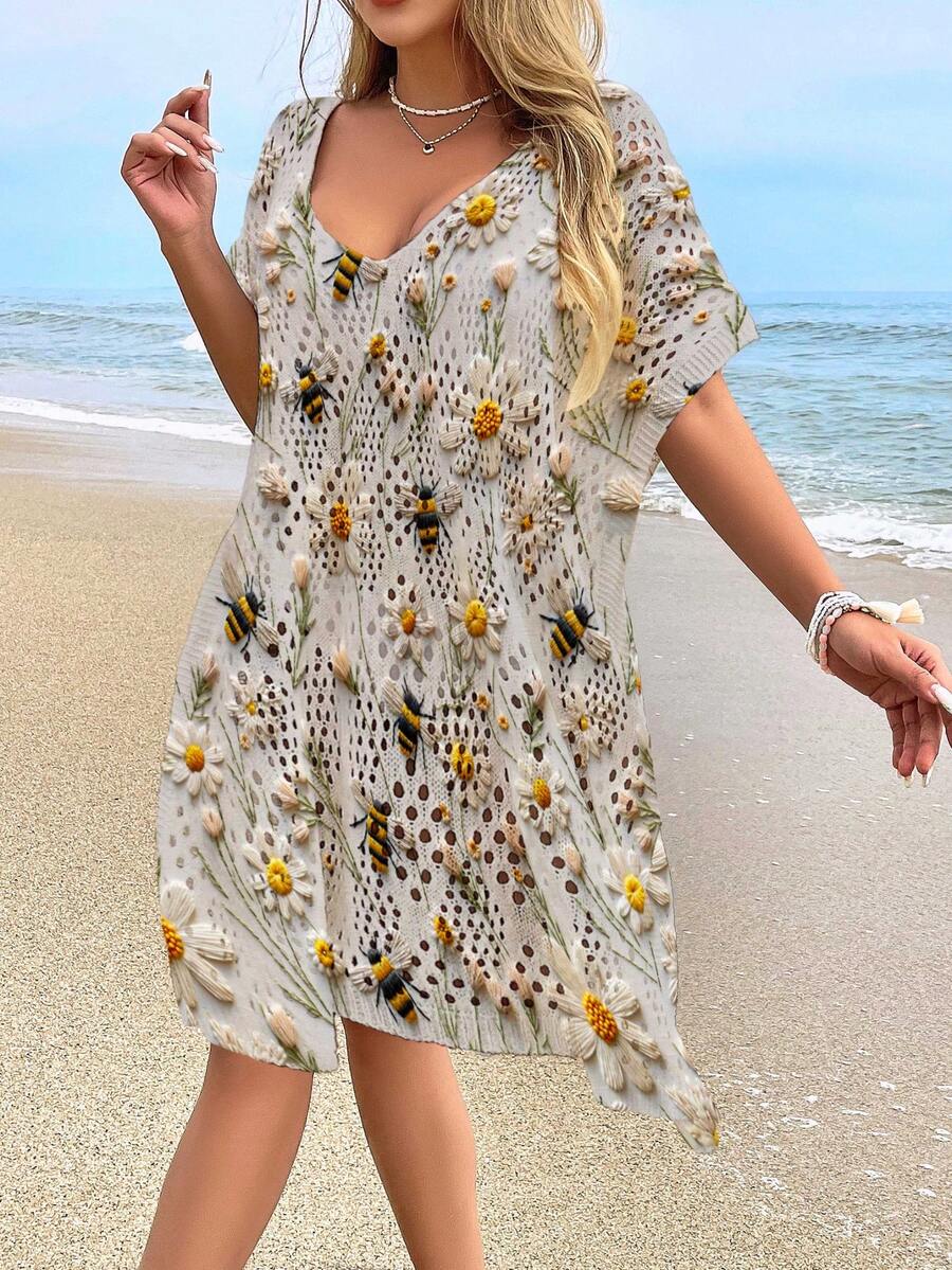 女士沙滩罩衫，时尚休闲镂空印花泳衣罩衫（不含泳衣） - 彩色 - 查看 1