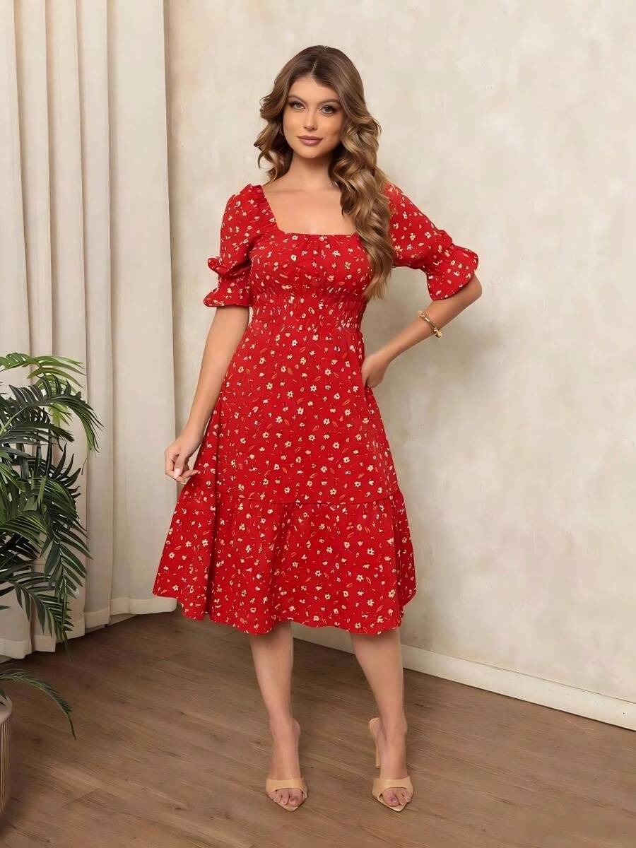 Women's Midi Dress With Floral Print, Square Neckline, Puff Sleeves, A-Line Silhouette, Ruffled Hem, Knee-Length. - 紅色 - 查看 1