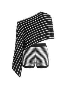 女士春夏休闲度假沙滩通勤黑白条纹露肩蝙蝠袖蝴蝶结短裤针织衫两件套 - 彩色 - 查看 7