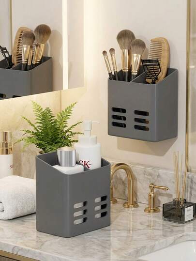 1个壁挂式化妆刷架，自粘式浴室收纳架，带排水孔，多功能整理盒，适用于梳妆台、淋浴区和台面，母亲节礼物