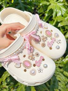 20pcs/Set Beige Pearl Chain, Pink Heart, Pink Round Bead Shoe Accessories, Charming Decorative Set, Suitable For Punched Shoes, Shoe Flowers, Shoe Decorations, Fashionable DIY Shoe Flower Decor - Pink - View 6