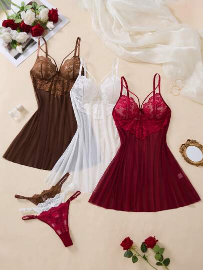 3 Set Of 6 Pieces Women's 2 Pieces Floral Lace Sheer Mesh Babydoll Chemise & Thong Lingerie Set (Available In 3 Colors)
