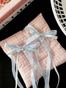 2个甜美心形水晶蝴蝶结发夹，清新格子蕾丝缎带公主风刘海夹 - A - 查看 4