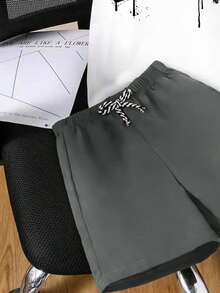 男童休闲时尚街头通勤字母卡通印花短袖T恤和打结短裤套装，夏季 - 灰色 - 查看 5