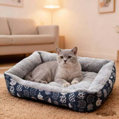 1 paquete de cama suave para mascotas adecuada para gatos y perros pequeños - rellena de fibra de poliéster, con estampado de huellas azules, cojín de sofá interior duradero, fácil de limpiar, acogedor y cálido, adecuado para mascotas de interior, cama para gatos, diseño divertido para mascotas, material fácil de limpiar