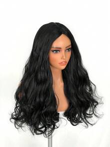 Long Synthetic Curly Wig With Middle Part Bangs, Women's Natural Wave Dark Brown Wig, Heat Resistant Fiber Material, Suitable For Cosplay - Black - View 6