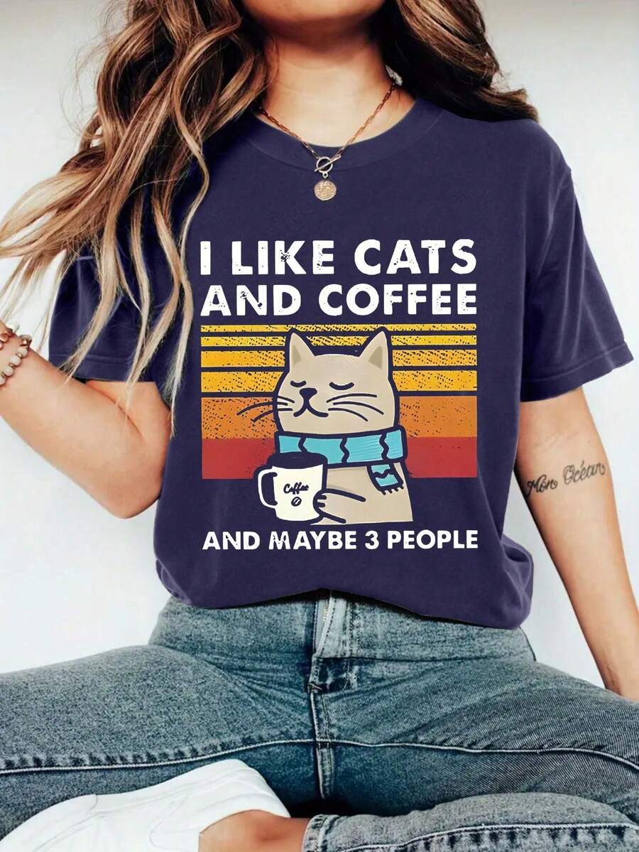 Hewang 猫咪咖啡印花圆领T恤，短袖休闲上衣，适合春夏穿着，女装 - 藏蓝色 - 查看 1