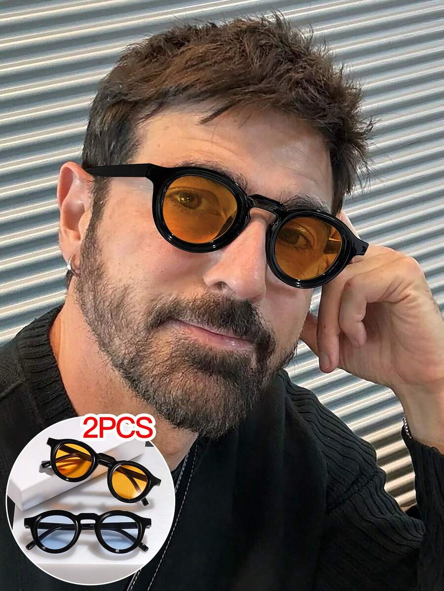 2PCS Men's Fashion Glasses, Polycarbonate Oval Frames, Black Grey Blue Yellow Classic Casual Personalized Cool Retro Versatile, Daily Travel Party Street Wear, With Glasses Box