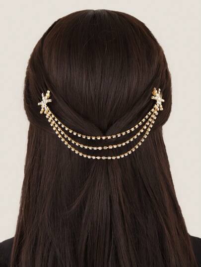 Cadena de pelo con strass en forma de estrella vintage, pasador de pelo con borlas en tono dorado, ideal para novias, damas de honor y uso diario