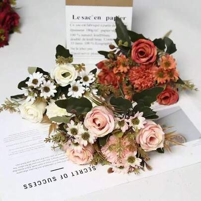 1 bó hoa hồng nhân tạo kiểu Châu Âu, thích hợp để trang trí nhà cửa, sự kiện cưới, cắm hoa, phông nền chụp ảnh và trang trí nhà hàng ngày.