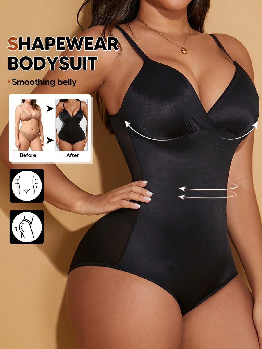 Women's Deep V-Neck Shaping Jumpsuit With Triangle Cups, Waist Cincher And Butt Lifter, Perfect As Layering Undergarment