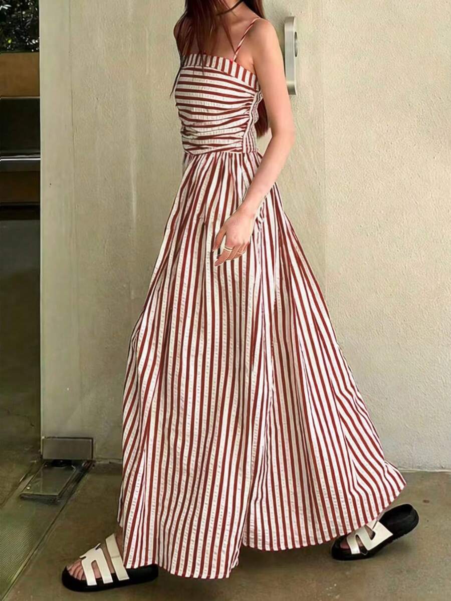 Women's Resort Striped Print Dress, High-Quality Pleated Waist A-Line Long Dress Elegant Party Red Summer - Red - View 1