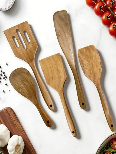3/5pcs Wooden Cooking Utensil Set, Includes Wok Spatula, Natural Wooden Kitchen Tools, Rice Spoon, Wooden Frying Spatula, Tableware Set, Wooden Wok Spatula And Spoon, Suitable For Cooking, Housewarming Gift, Mother's Day, Easter Gift