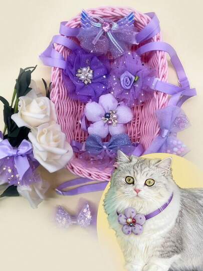 5件装紫色系列夏季限量版网纱宠物领结，适用于拍照、婚礼、生日、派对、宠物装饰项圈花、美容用品、宠物服装配饰，款式随机。