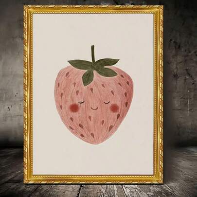 1pc Of Frameless Artwork Featuring A Charming Cartoon Strawberry Canvas Print Poster, Wall Decoration With Unique Creative Wall Art, Suitable For Living Room, Bedroom, Office, Dining Room, Printed, Art Piece