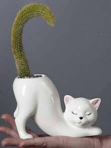 1个白色小巧创意卡通猫形花盆，可作多肉植物盆栽容器、化妆刷架，宠物爱好者礼物，适用于花园、阳台、庭院、卧室、浴室、桌面置物架等，可爱简约风格 - 屁股貓 - 查看 4