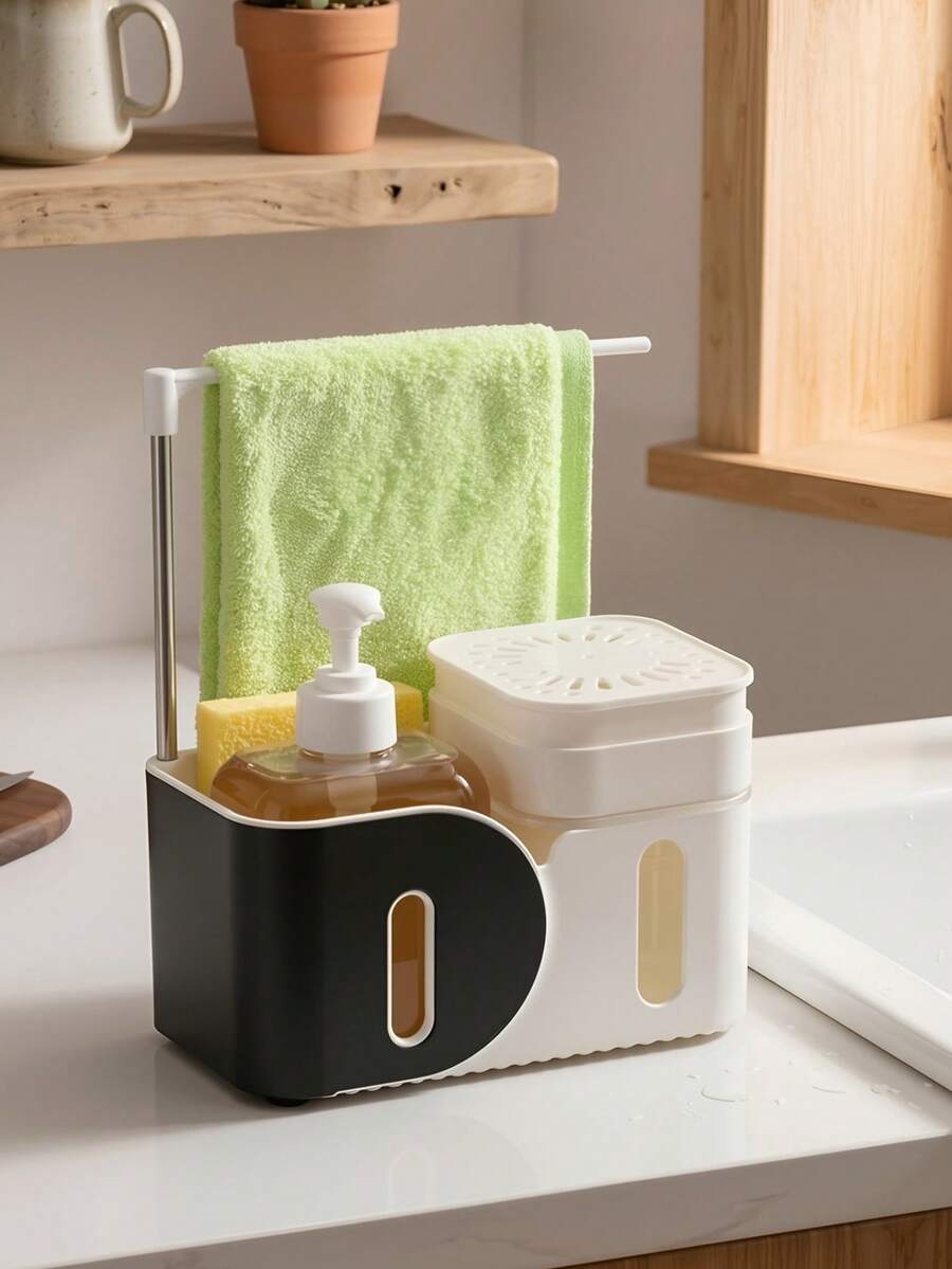 四合一厨房皂液器套装，包含液体皂液器、带海绵架的洗洁精泡沫器、厨房收纳架，以及水槽和台面清洁用品。