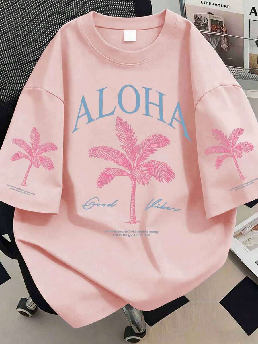 T-shirt décontracté à col rond et manches courtes pour femmes, nouveau pour le printemps/été, imprimé slogan palmier, style de vacances à la mode, votre article essentiel quotidien. T-shirt graphique, Top rose, voyage de vacances - Rose bonbon - Voir 1