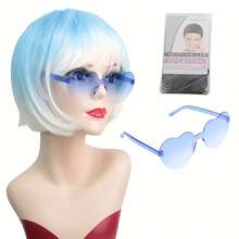 Cyberpunk Bob Wig & Glasses Set - 20+ Neon Colors With Adjustable Fringe | Multi-Tone Synthetic Hair For Cosplay, Rave, Halloween & Daily Bold Fashion (Hot Red/Lime Green/Orange/Light Pink/Plum Purple/Neon Blue/Neon Lilac/Golden Blonde/Black) - 藍白色 - 查看 2