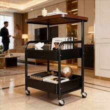 一套经典时尚的多层储物推车，可移动，可用作床头柜、客厅茶几、零食架、卧室书架、浴室储物架、厨房储物架、家用移动储物架、收纳整理架，包含储物篮、写字台和静音360°旋转轮，易于组装。 - 查看 5