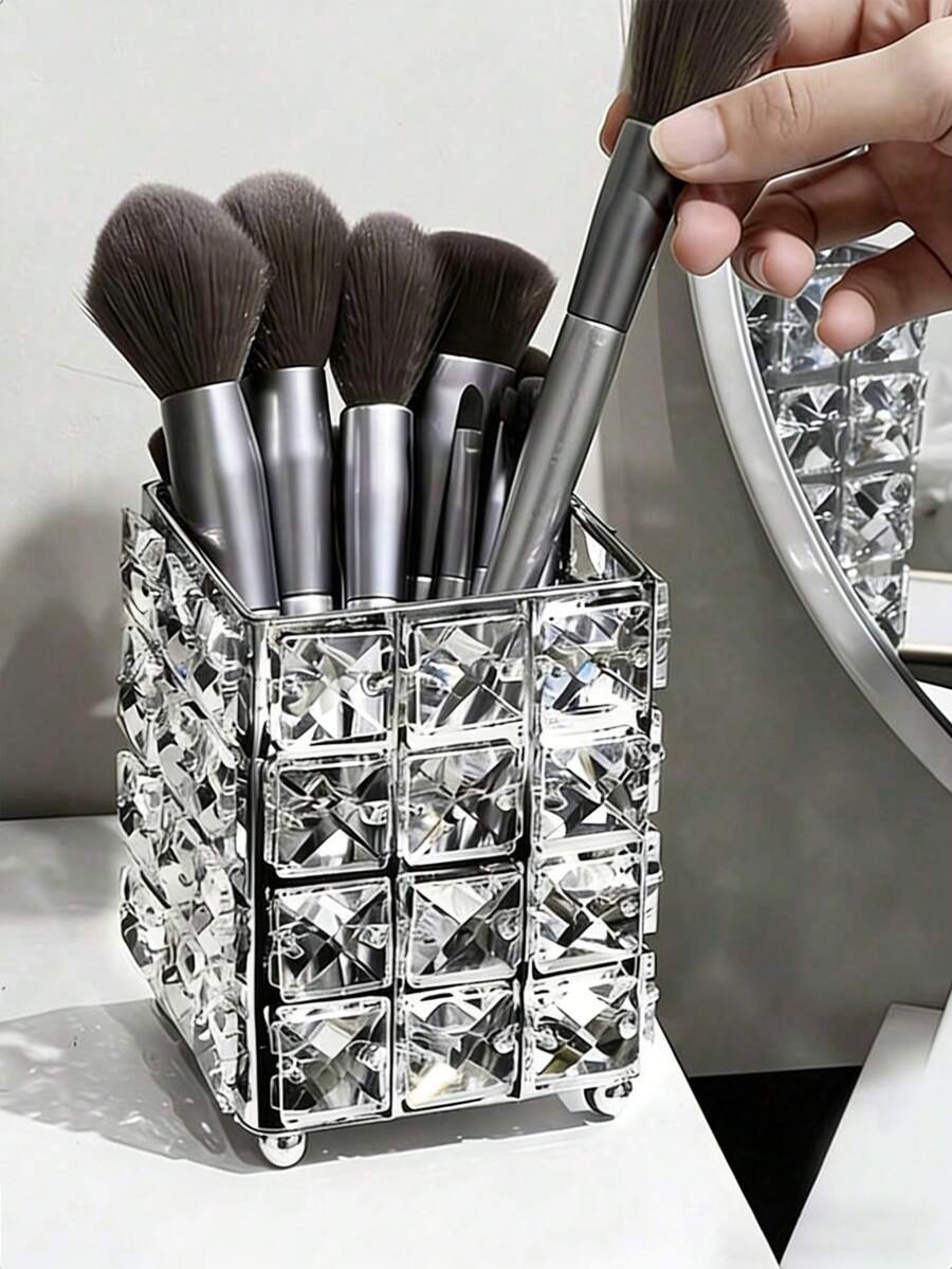 1pc Silver Crystal Brush Holder, Diamond Makeup Brush Storage Container, Pen Holder, Desk Decor, Suitable For Ins Style And Nordic Decor, Can Also Be Used As Nail Tool Rack Or Pen Holder, Combining Japanese And European Charm