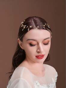 1pc Handmade Golden Pearl Flower Headband, Bridal Wedding Party Accessory - Gold - View 3