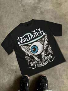 Gothic T Shirts Men, Van Dutch Cold Dutch Keep An Eye Out Winged Eyeball Distressed Print, 180g Cotton Crew Neck Short Sleeve T-Shirt, Loose Fit, Tattoo Streetwear, Vintage Hot Rod Aesthetic, Big And Tall, Free Shipping - 黑色 - 查看 1