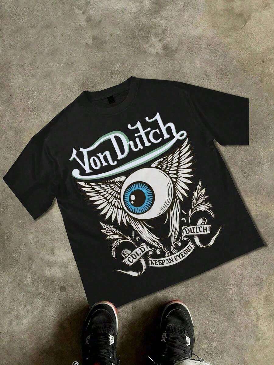 Gothic T Shirts Men, Van Dutch Cold Dutch Keep An Eye Out Winged Eyeball Distressed Print, 180g Cotton Crew Neck Short Sleeve T-Shirt, Loose Fit, Tattoo Streetwear, Vintage Hot Rod Aesthetic, Big And Tall, Free Shipping - 黑色 - 查看 1