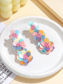 一对炫彩花朵吊坠耳环，多层渐变亮片吊坠耳环，优雅清新的女士耳环 - 彩色 - 查看 4