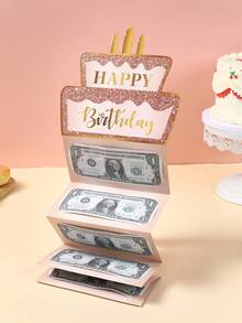 1 Set Pink & Gold "Happy Birthday" Folding Cash Card & Envelope, Pink & Gold Birthday Cake Pattern Paper Folding Banknote Card, Birthday Party Cash Gift Surprise, Anniversary Cash Folding Card, Birthday Celebration Cash Decor, Birthday Party Decor, "Happy Birthday" Folding Banknote Card & Envelope - Fun Cash Gifting, Birthday Decor, Birthday Gift, Party Favor - View 6