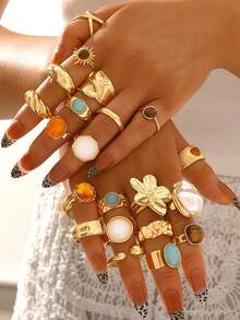 15件套人造宝石镶嵌合金女士戒指套装，优雅奢华混搭款式，开口可调节戒指，适合派对、婚礼、日常佩戴，时尚珠宝礼品 - 隨機15顆花朵愛心戒指 - 查看 3