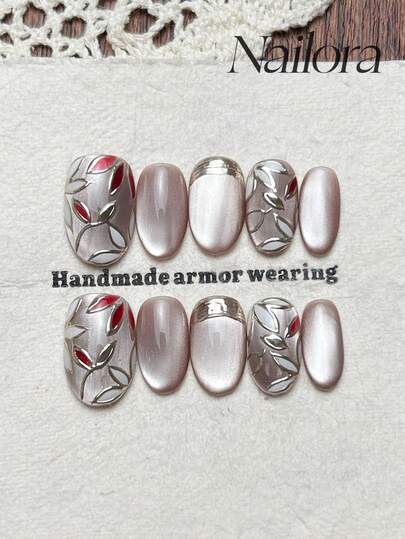 10pcs Handmade Nails Oval Nails Acrylic Press On Nails Short Nails, Minimalism Pink Nails, Flashy Cateye, Handpainted Nail Powder Metallic Simple Flower Lines, Simple Elegant Luxury Spring Nails, Summer Press On Nail, Versatile Nails DIY False Nail Art Party Daily & Dating Suitable Use In Work Setting Reusable, For Women & Girls As Gift Nail Supplies