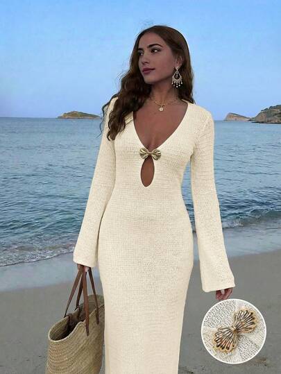 Women's Summer Beach Bohemian Vacation Style Shell Shaped Metal Buckle Deep V-Neck Hollow Out Flare Sleeve Fitted Bodycon Dress, Sexy Vacation Cover Up, Suitable For Holiday Wear