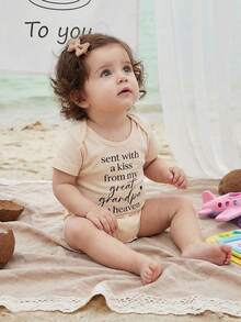 Infant Baby Summer Jumpsuit Letter Print Short Sleeve Round Neck Romper Cute Bodysuit - Apricot - View 3
