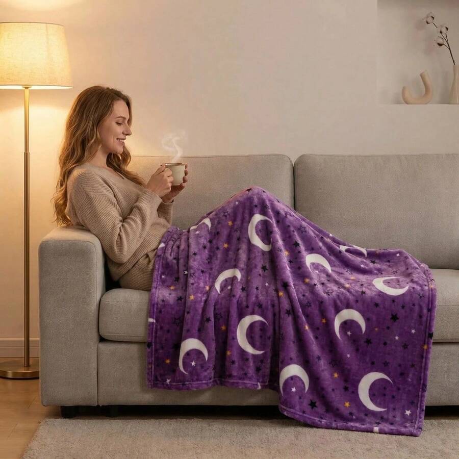 1pc Star & Moon Print Blanket, Couple's Gift Design, Faux Cashmere Fabric, Ultra Soft & Smooth Rabbit Fur Blanket, Provides Warm & Comfortable Sleeping Experience For Bed, Sofa, Shawl, Autumn Decor, Room Decor - Mauve Purple - View 1