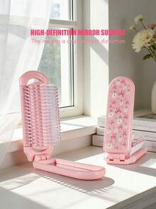 1pc Pink Foldable Comb With Daisy & Heart Print, Compact Design With Built-In Mirror, Portable For Women, Suitable For Travel & Gift - Multicolor - View 5