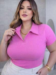 T-Shirt, Polo Shirt, Ribbed Cotton Shirt, Comfortable, Elegant, Everyday Casual, Plus Size. - 淺粉色 - 查看 1