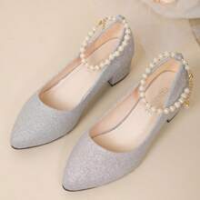 2026新款仿珍珠装饰踝带高跟鞋，金色尖头粗跟鞋，适合户外婚礼、派对、工作、宫廷风格等场合。 - 銀色 - 查看 16