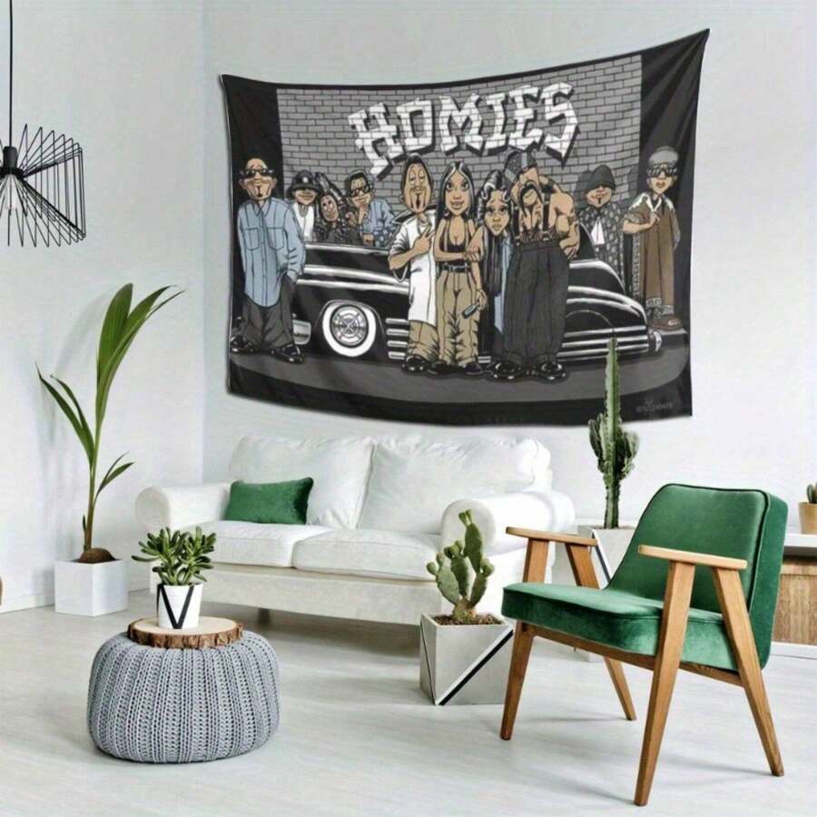 Tapestry 1pc SnoopGangTapestry Homies Wall Hanging Tapestry - Urban Street Art Design With Vintage Car & Brick Wall Graffiti, High-Quality Peach Light Beige Fabric, Horizontal Wall Decor For Bedroom, Office, Party - Perfect Gift For Hip-Hop Fans, Office Artwork, Cartoon Style Graphic, Sleek Texture - Black - View 1